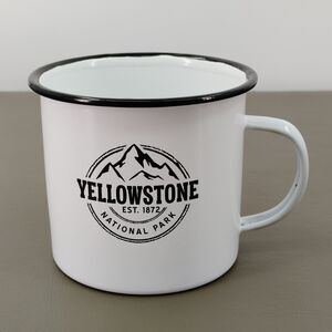 YELLOWSTONE National Park Mug White Enamel Cup Campfire Souvenir